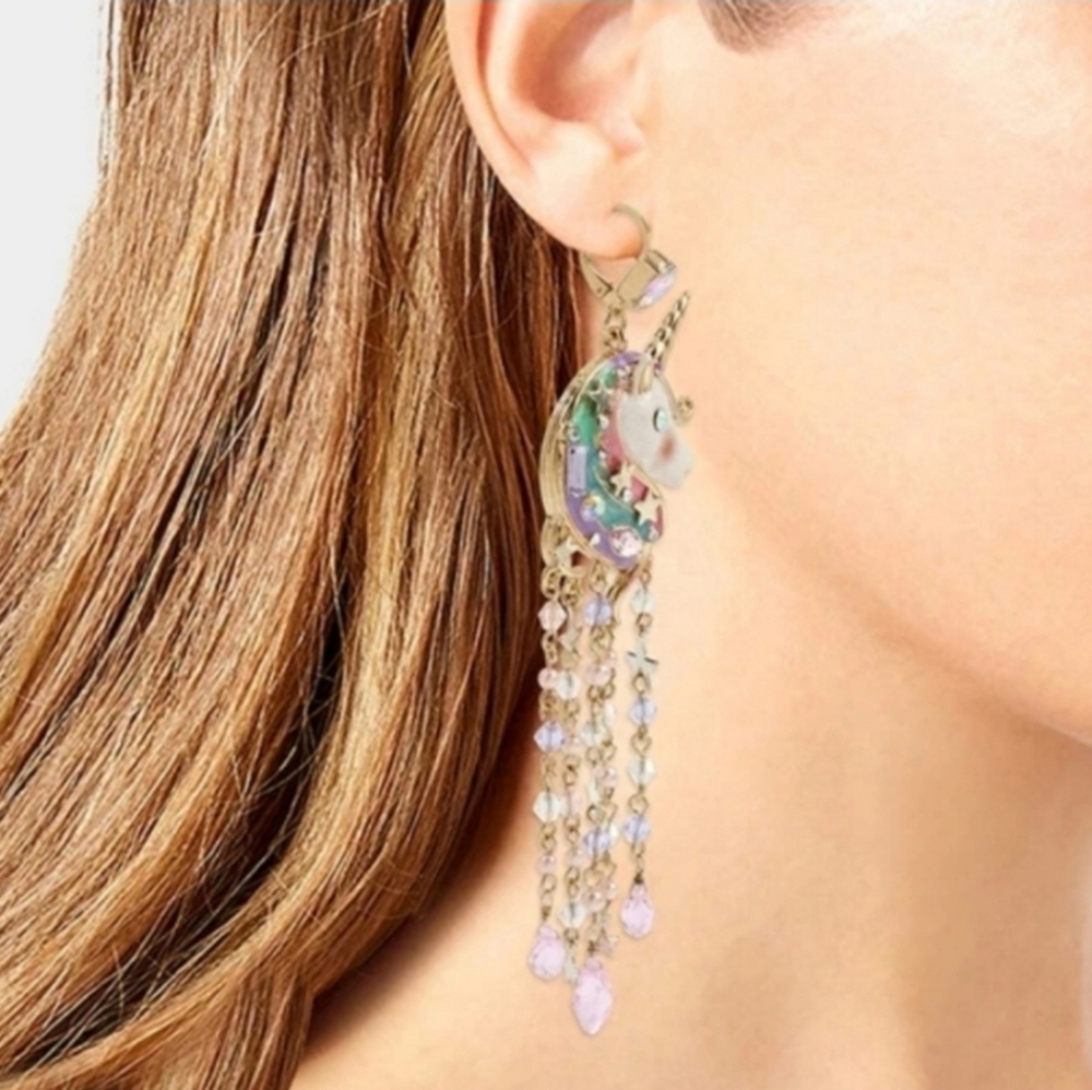 Betsey Johnson Unicorn Fringe Chandelier dangle Rhinestone Earrings - Picture 2 of 3